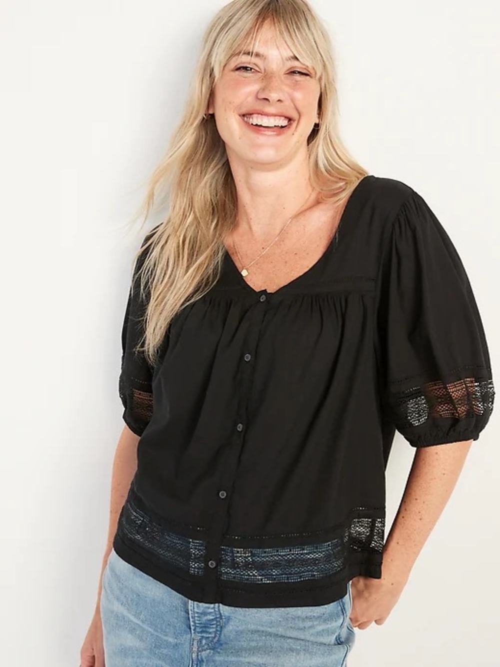 Old Navy Oversized Lace Trim Black Button-Front Peasant Blouse